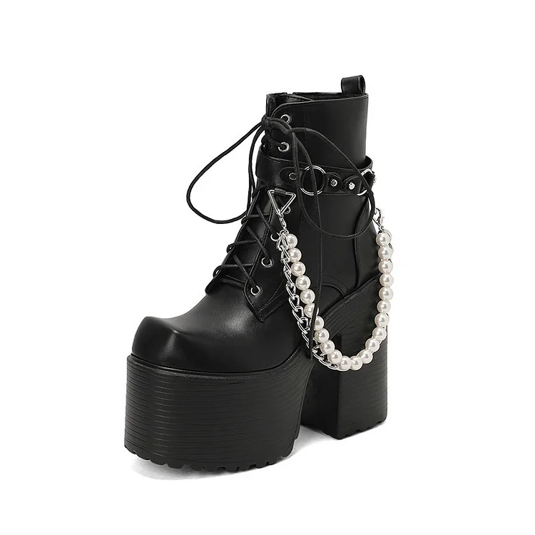 Square Toe Detachable Pearls & Chain Decoration Fleece Platform Boots 4 Square Toe Detachable Pearls & Chain Decoration Fleece Platform Boots - Image 2