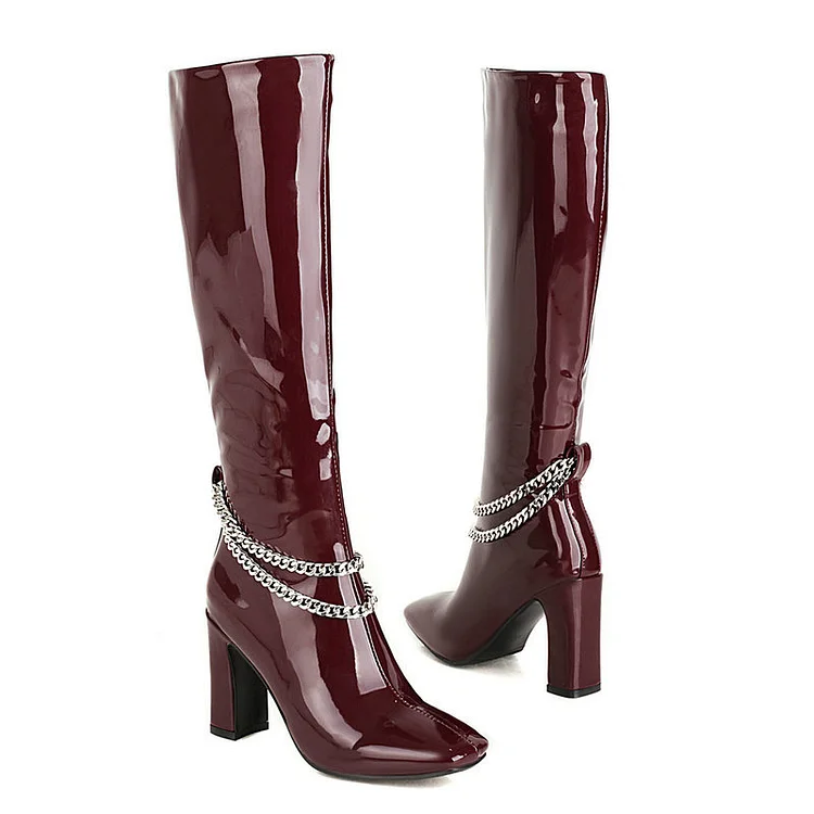 Statement Square Toe Layered Chain Chunky Heel Knee High Boots - Image 3