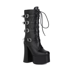 Statement Lace Up Straps High Chunky Heel Boots