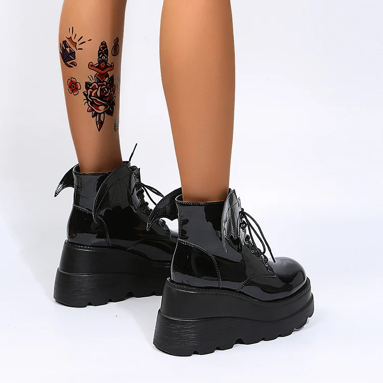 Dark Wings Lace Up Monoblock Wedges Boots - Image 5