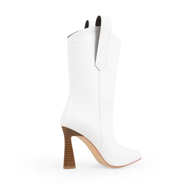 Elegant Girl White Tattoo Style Stitching Paneled Pointed Toe Kitty Heel Boots - Image 2