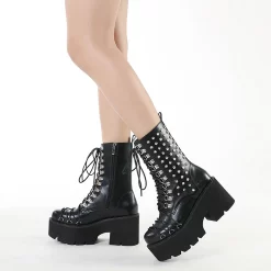 Trendy Lace Up Round Toe Rivets Side Zipper Platform Boots