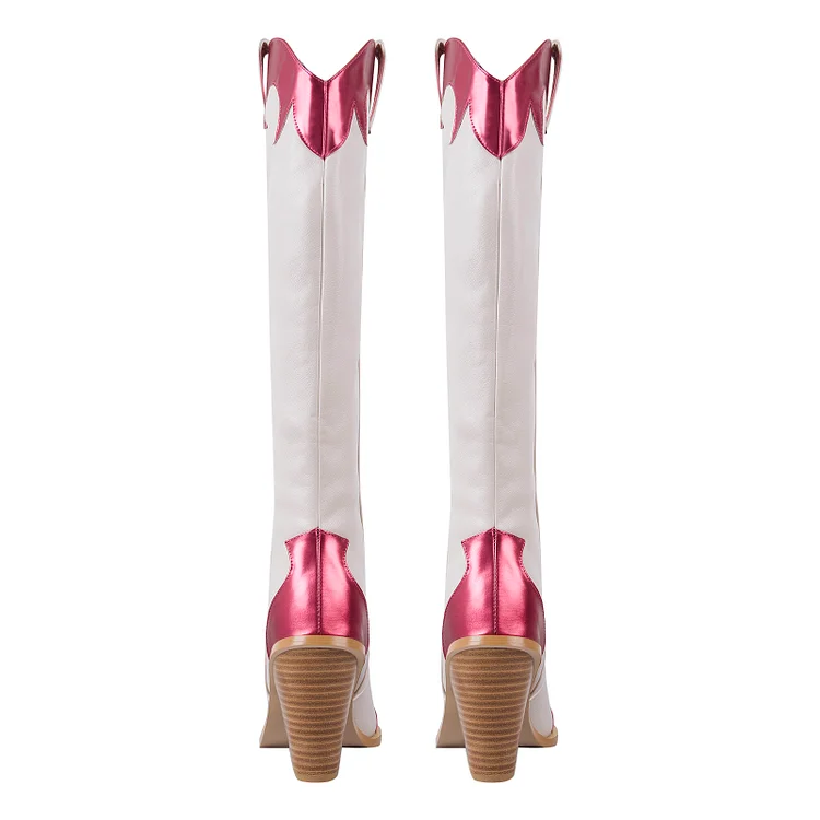 Fashion Color Block Paneled Stitching Wooden Heel Western Boots 4 Fashion Color Block Paneled Stitching Wooden Heel Western Boots - Image 2