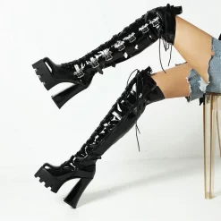 Punk Statement Bat Straps Decoration High Chunky Heel Platform Over The Knee Boots