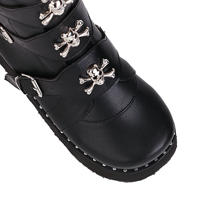 Buckle Straps Skull Decoration Monoblock Wedges Platform Boots - Image 4