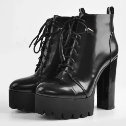Goth Black Lace Up Chunky Heel PU Ankle Booties