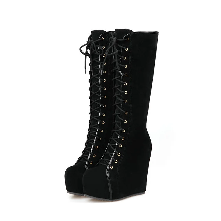 Lace Up Color Block Zipper Platform Wedges Boots - Image 2