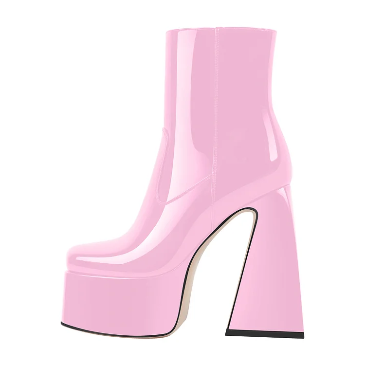 Statement Side Zipper Solid Color Patent Leather Chunky Heel Platform Boots - Image 2