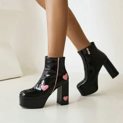 Patent Leather Flared Medium Heels Boots