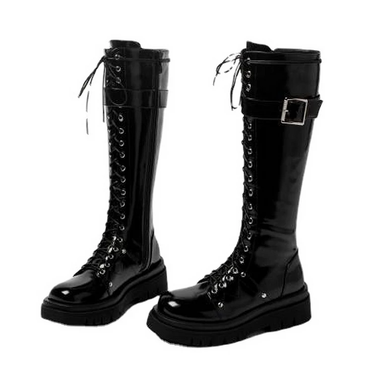 Punk Round Toe Platform Lace Up Belt Buckle Boots 3 Punk Round Toe Platform Lace Up Belt Buckle Boots