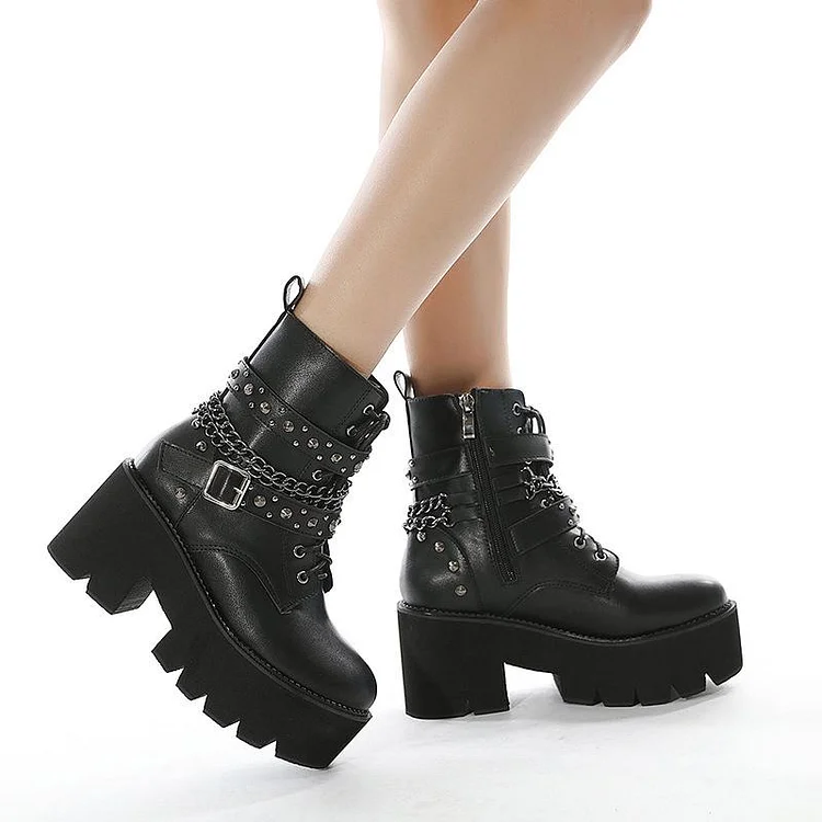 Rivet Buckle Platform Chunky Boots - Image 2