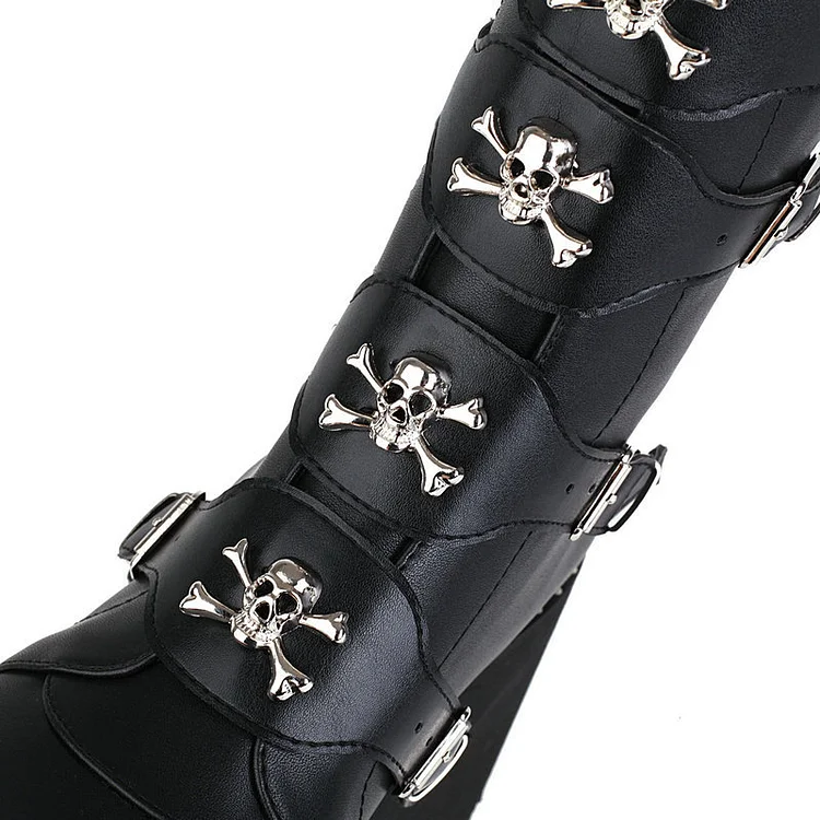 Buckle Straps Skull Decoration Monoblock Wedges Platform Boots - Image 6