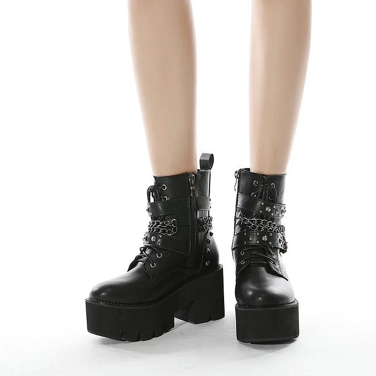 Rivet Buckle Platform Chunky Boots - Image 3