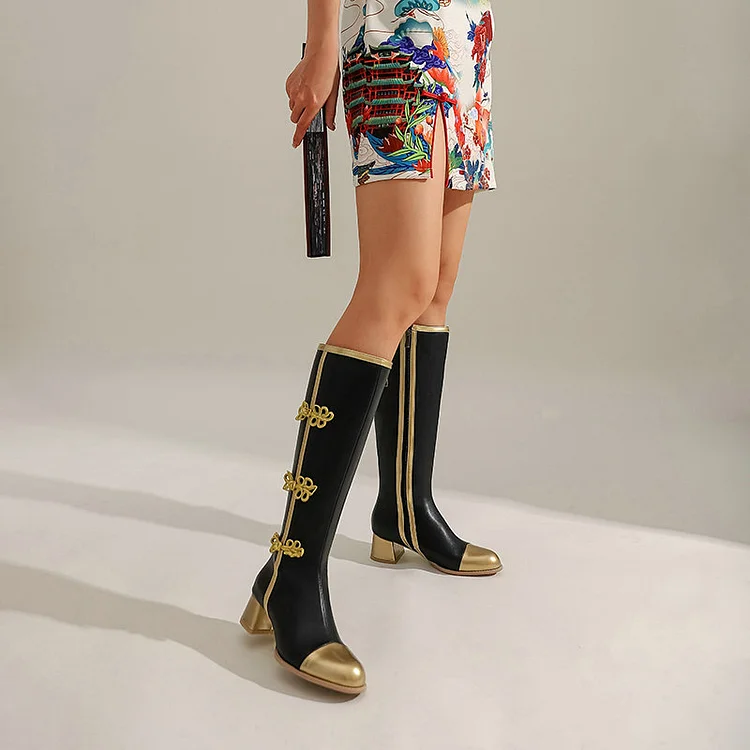 NEW Color Block Buckle Frogs Side Zipper Chunky Heel Knee High Boots - Image 4