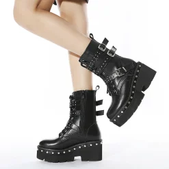 Rivet Mental Strap Lace Up High Platform Ankle Booties