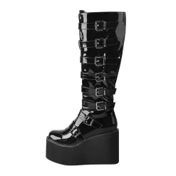 Women’s Patent Leather Platform Multiple Buckle Boots