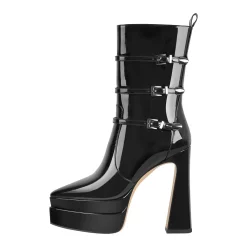 Statement Black Pointed Toe Side Zipper High Heel Patent Leather Boots