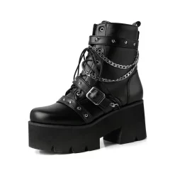 Metallic Square Toe Chain Straps Rivets Chunky Heel Boots