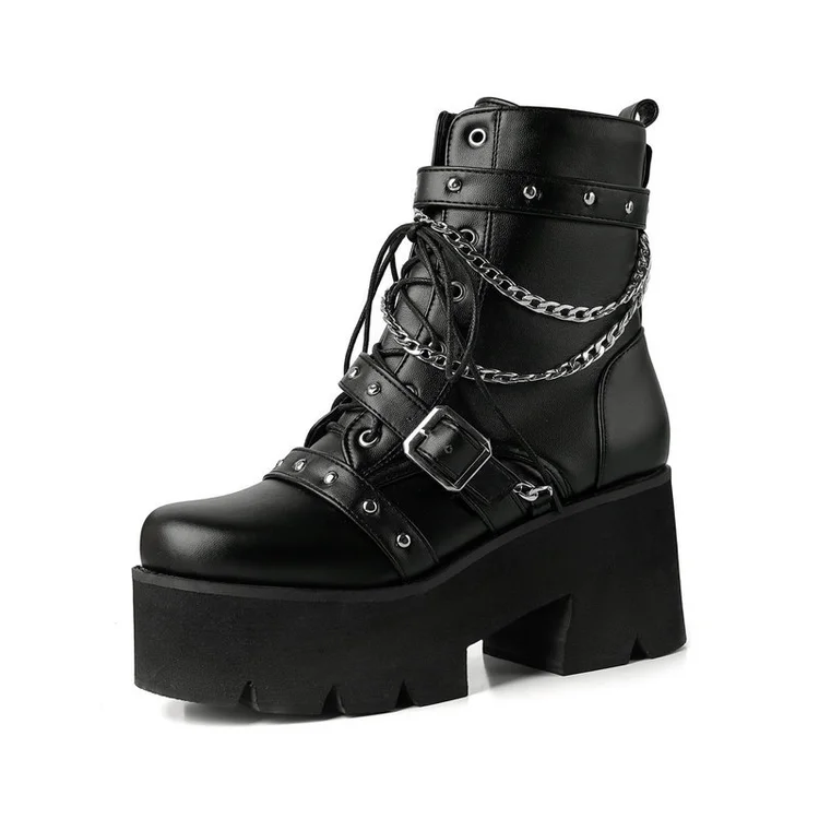 Metallic Square Toe Chain Straps Rivets Chunky Heel Boots 3 Metallic Square Toe Chain Straps Rivets Chunky Heel Boots