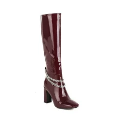 Statement Square Toe Layered Chain Chunky Heel Knee High Boots
