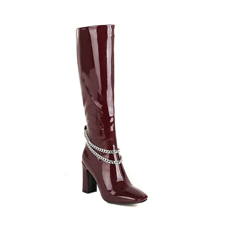 Statement Square Toe Layered Chain Chunky Heel Knee High Boots