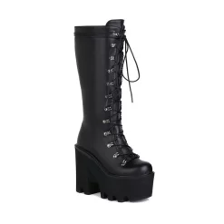 Street Fashion Solid Color Lace Up Platform Boots