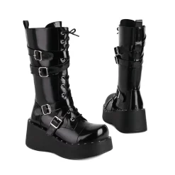 Punk Street Fashion Straps Lace Up Black Wedge Boots