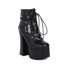 Rivets Straps Lace Up Hoof Heels Platform Boot