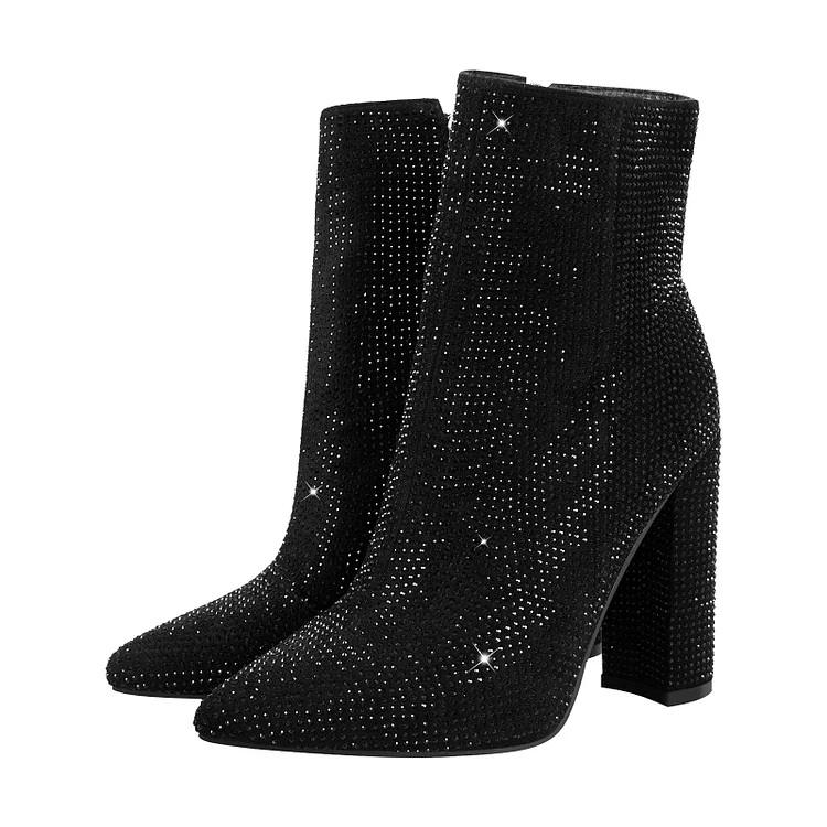 SHINY GIRL Rhinestone Decoration Pointed Toe Chunky Heel Boots