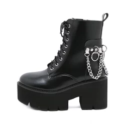 Street Fashion Round Toe Chain Decoration Lace Up Zipper Platform Boots
