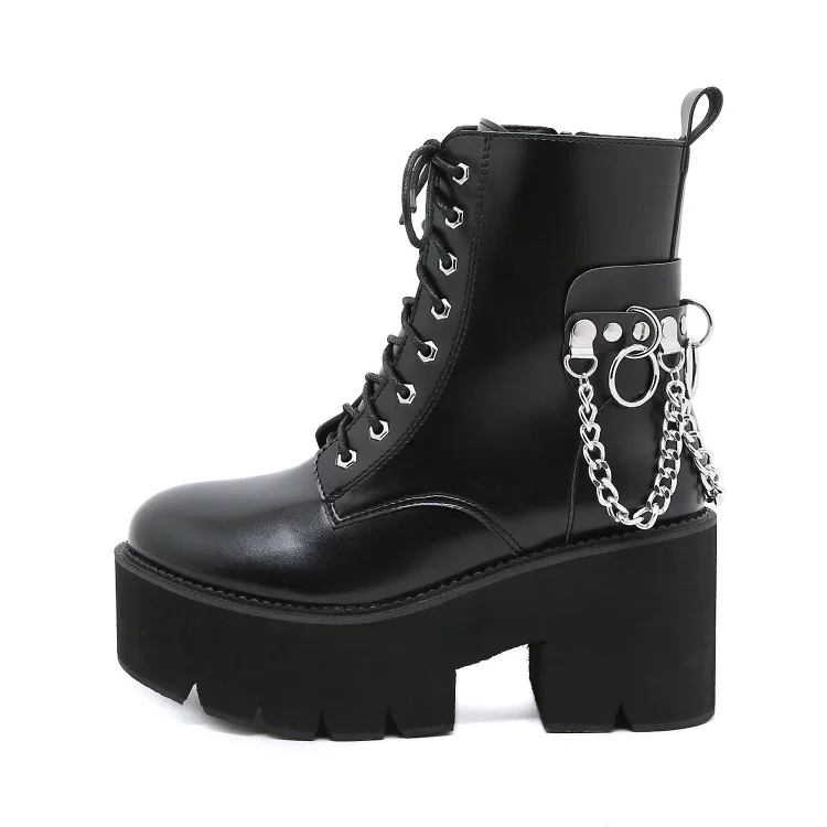 Street Fashion Round Toe Chain Decoration Lace Up Zipper Platform Boots