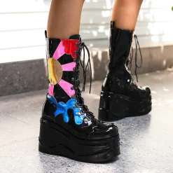 Statement Color Block Lace Up Side Zipper Platform Boots