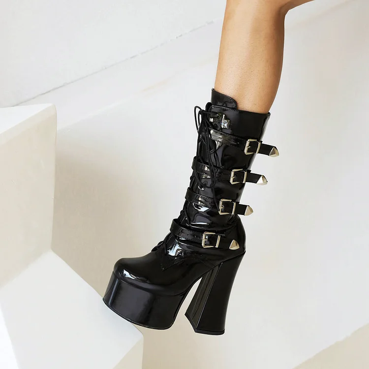 Statement Lace Up Straps High Chunky Heel Boots 4 Statement Lace Up Straps High Chunky Heel Boots - Image 2