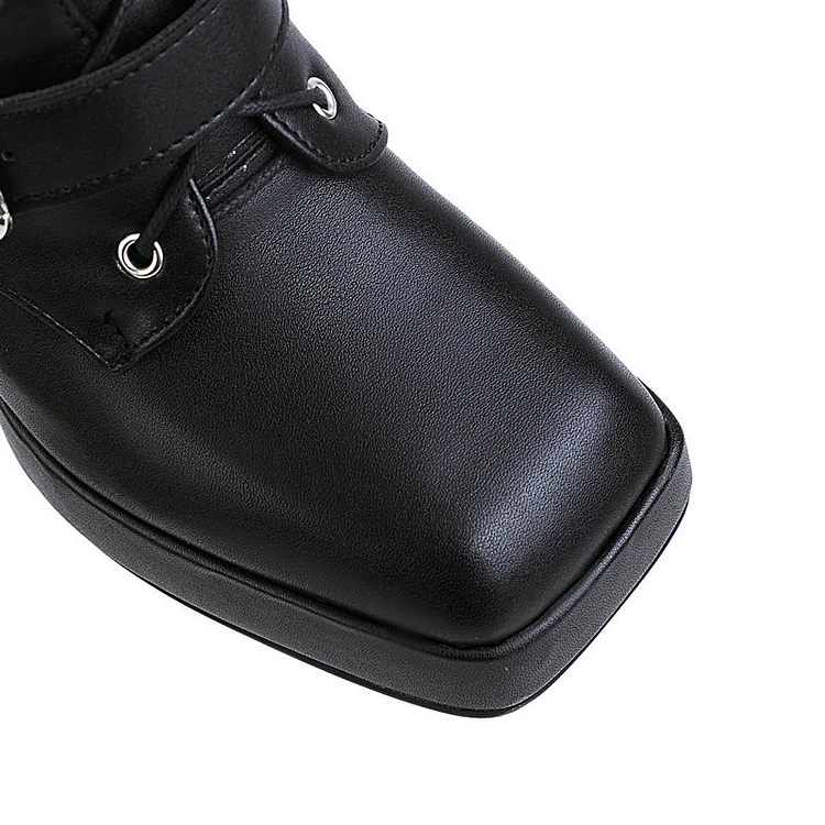 Dark Vintage Multiple Straps Size Zipper Square Toe Chunky Heel Boots - Image 4