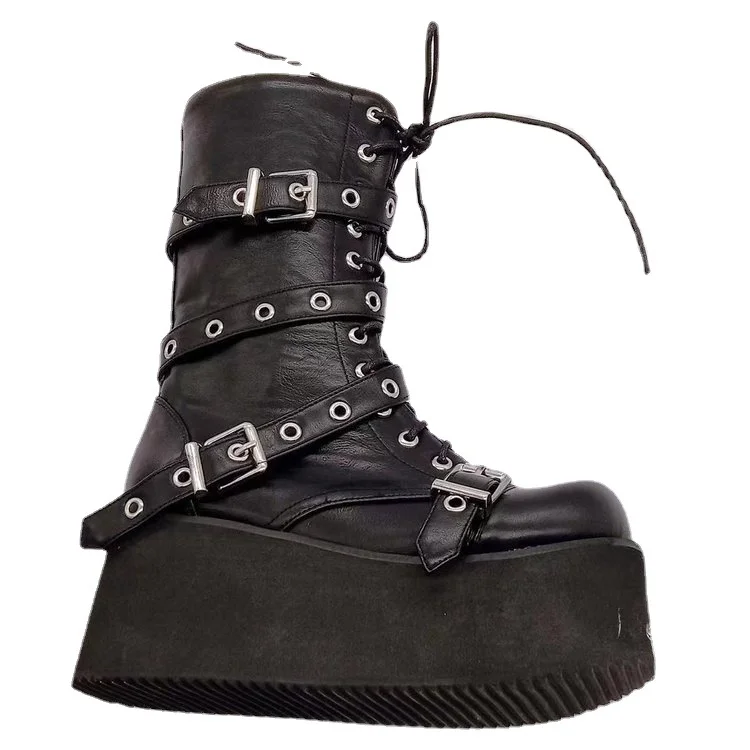 Punk Round Toe Platform PU Buckle Wedge Lace Up Martin Mid Calf Boots
