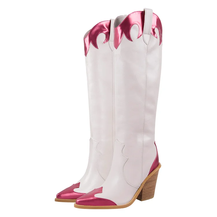 Fashion Color Block Paneled Stitching Wooden Heel Western Boots 3 Fashion Color Block Paneled Stitching Wooden Heel Western Boots