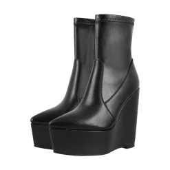 Statement Paneled Zipper Pointed Toe Wedge Platform Boots