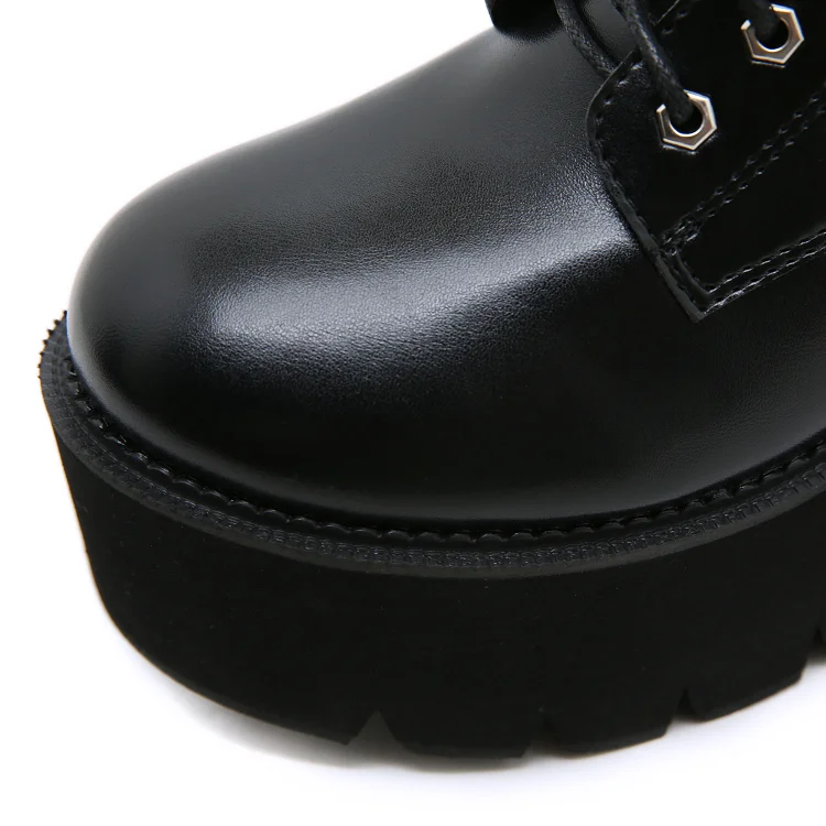 Street Fashion Round Toe Chain Decoration Lace Up Zipper Platform Boots - Image 5