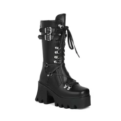 Statement Metallic Straps Lace Up Back Zipper Platform Boots