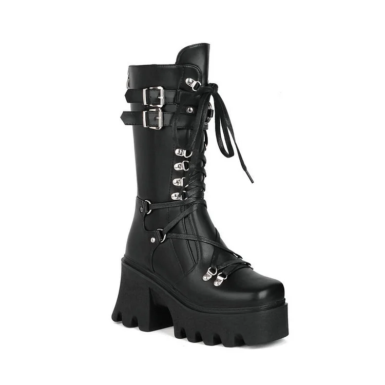 Statement Metallic Straps Lace Up Back Zipper Platform Boots