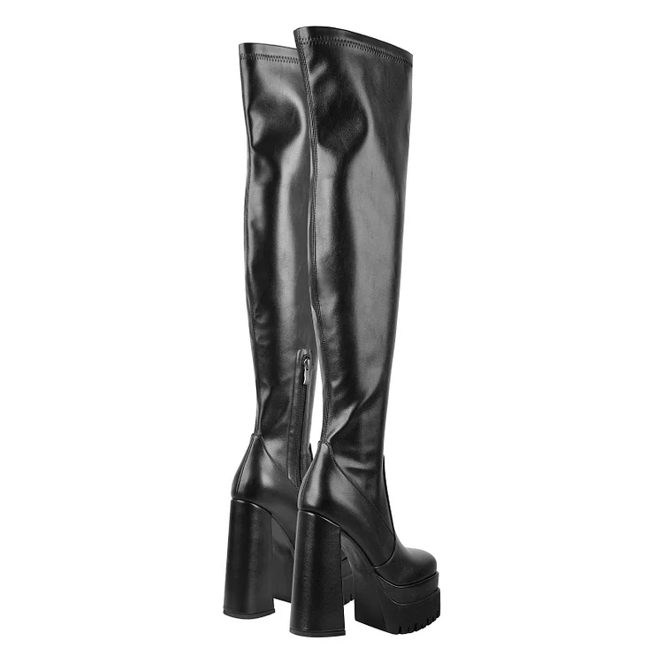 Street Fashion Square Toe Solid Color Platform Zipper Paneled Over The Knee Boots - Image 2