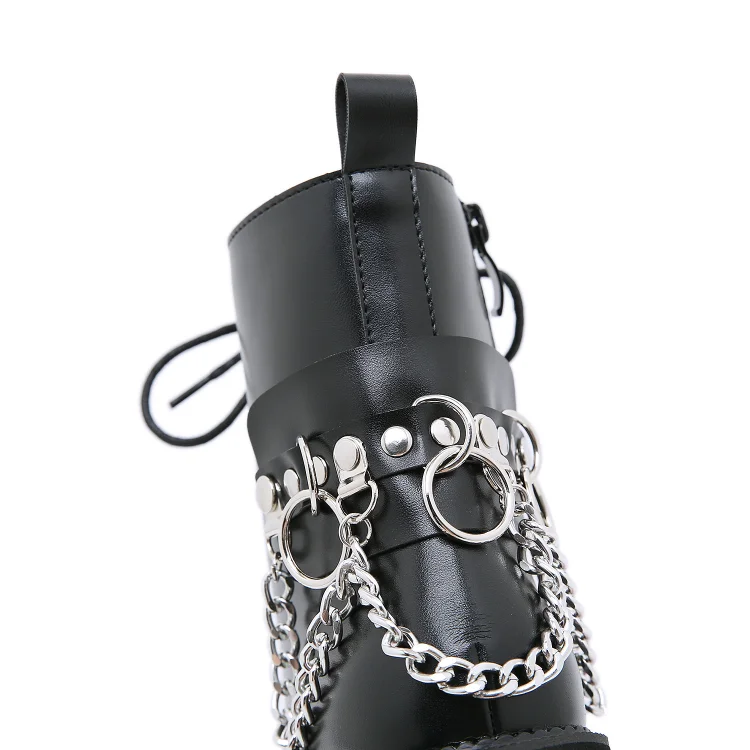 Street Fashion Round Toe Chain Decoration Lace Up Zipper Platform Boots - Image 6