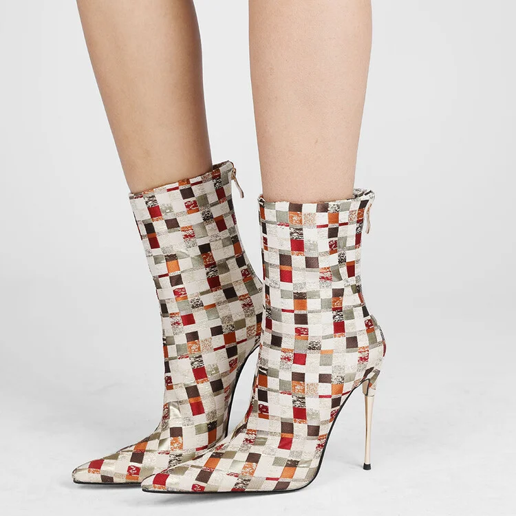 Elegant Party Checkered Pointed Toe Stiletto Boots - Image 4