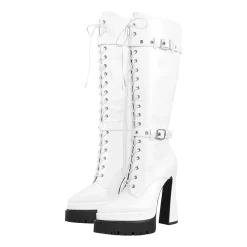 Mature Pointed Toe Platform Buckle Straps Lace Up Knee High Boots