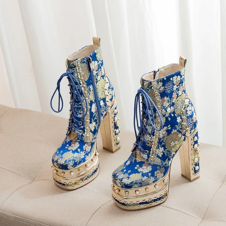 Wedding Fashion Hand-set Diamonds Rhinestone Blue Silk Lace Up Platform Chunky Heel Ankle Boots 7 Wedding Fashion Hand-set Diamonds Rhinestone Blue Silk Lace Up Platform Chunky Heel Ankle Boots - Image 5