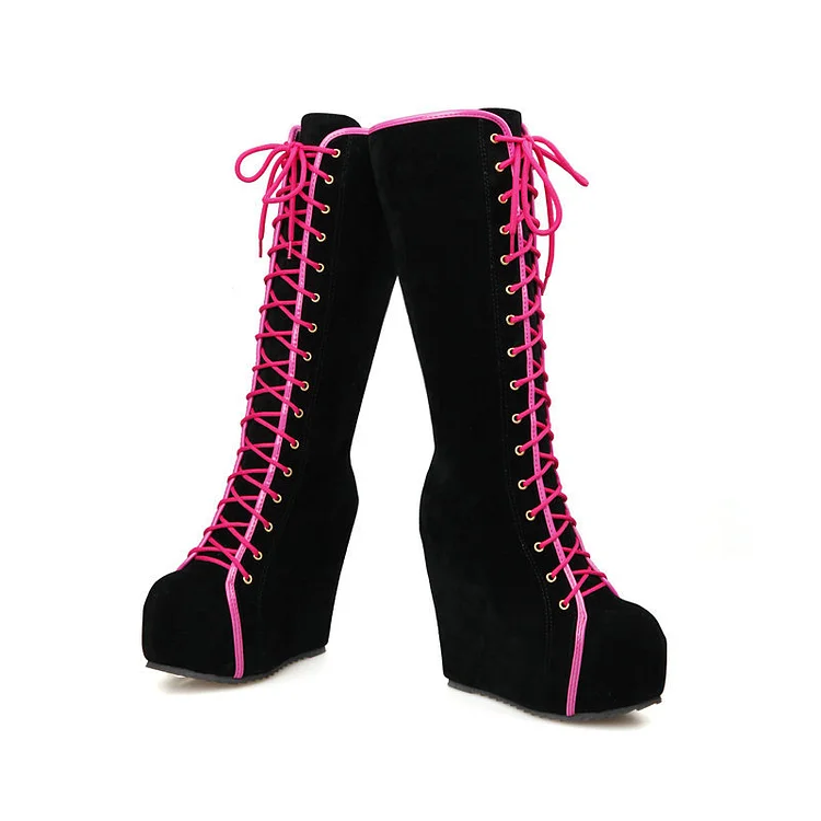 Lace Up Color Block Zipper Platform Wedges Boots - Image 3