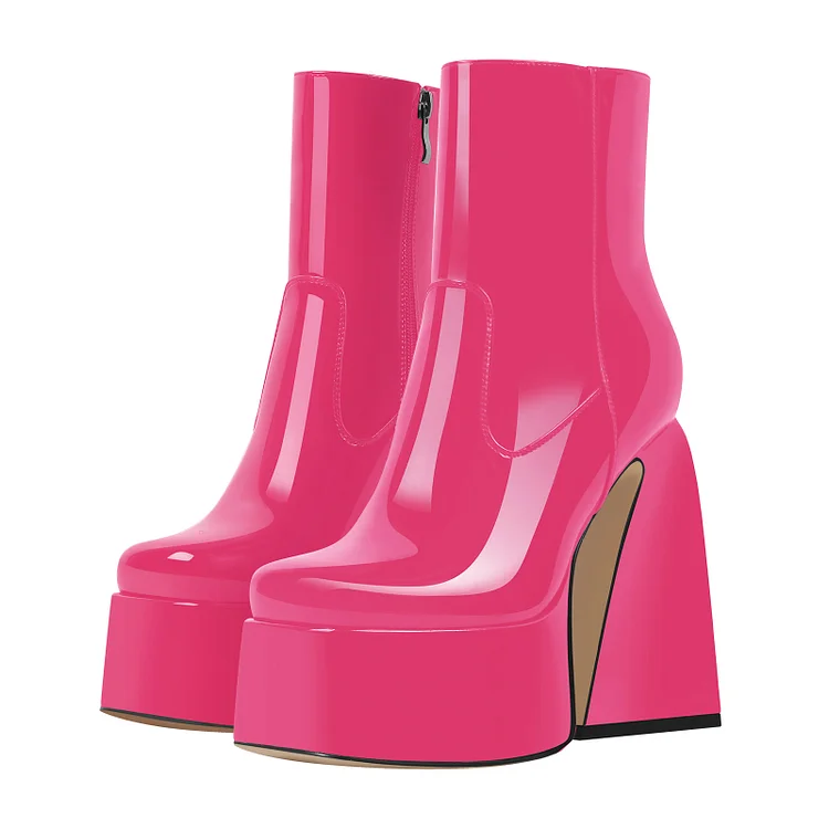Statement Side Zipper Solid Color Patent Leather Chunky Heel Platform Boots - Image 5