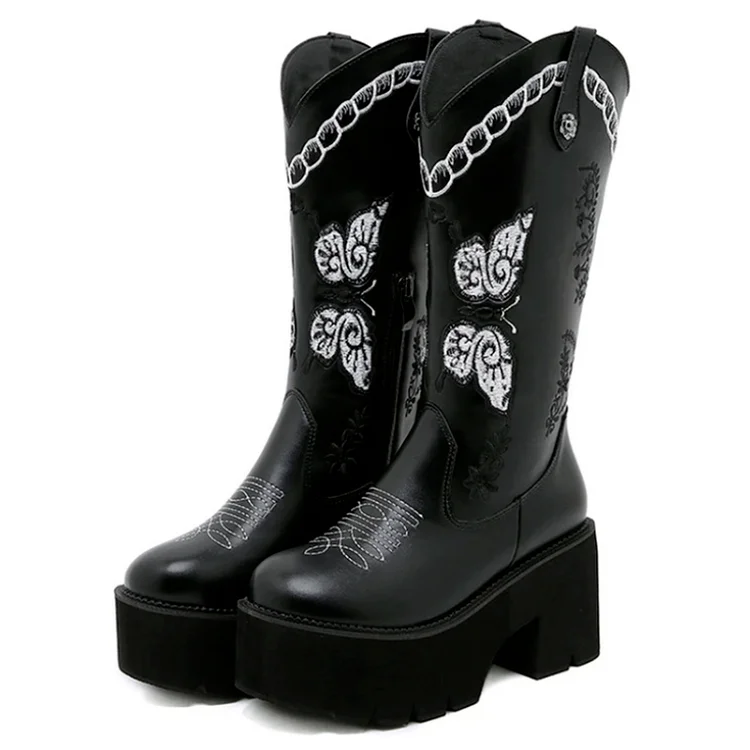 Thick Heel Butterfly Embroidery Western Boots - Image 4
