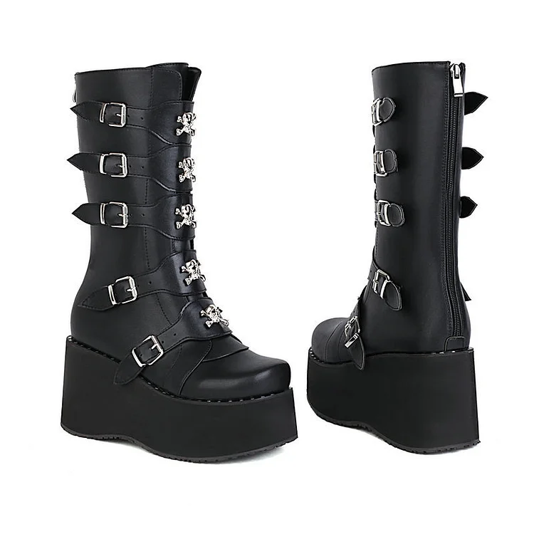 Buckle Straps Skull Decoration Monoblock Wedges Platform Boots - Image 3