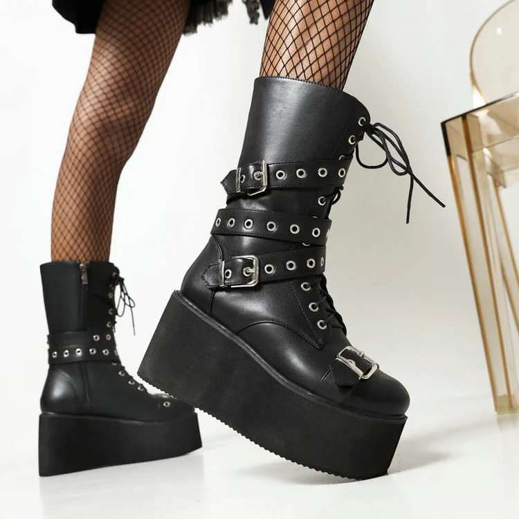 Punk Round Toe Platform PU Buckle Wedge Lace Up Martin Mid Calf Boots - Image 3